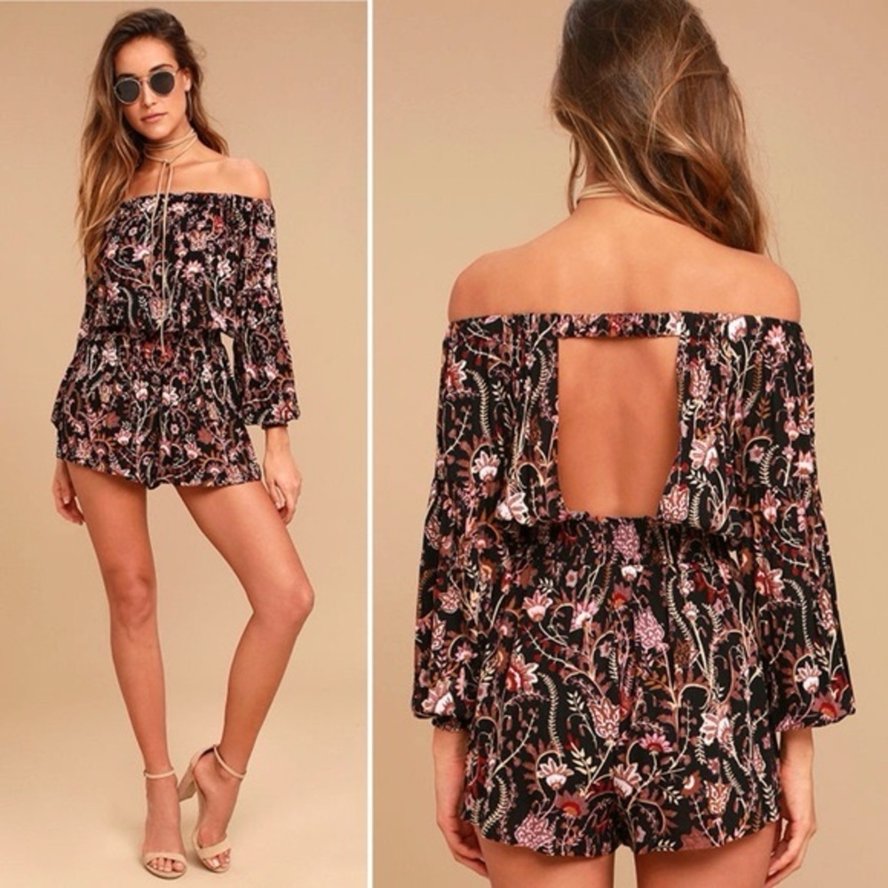 Free People Pretty & Free Floral Off Shoulder Romper Black Size Large